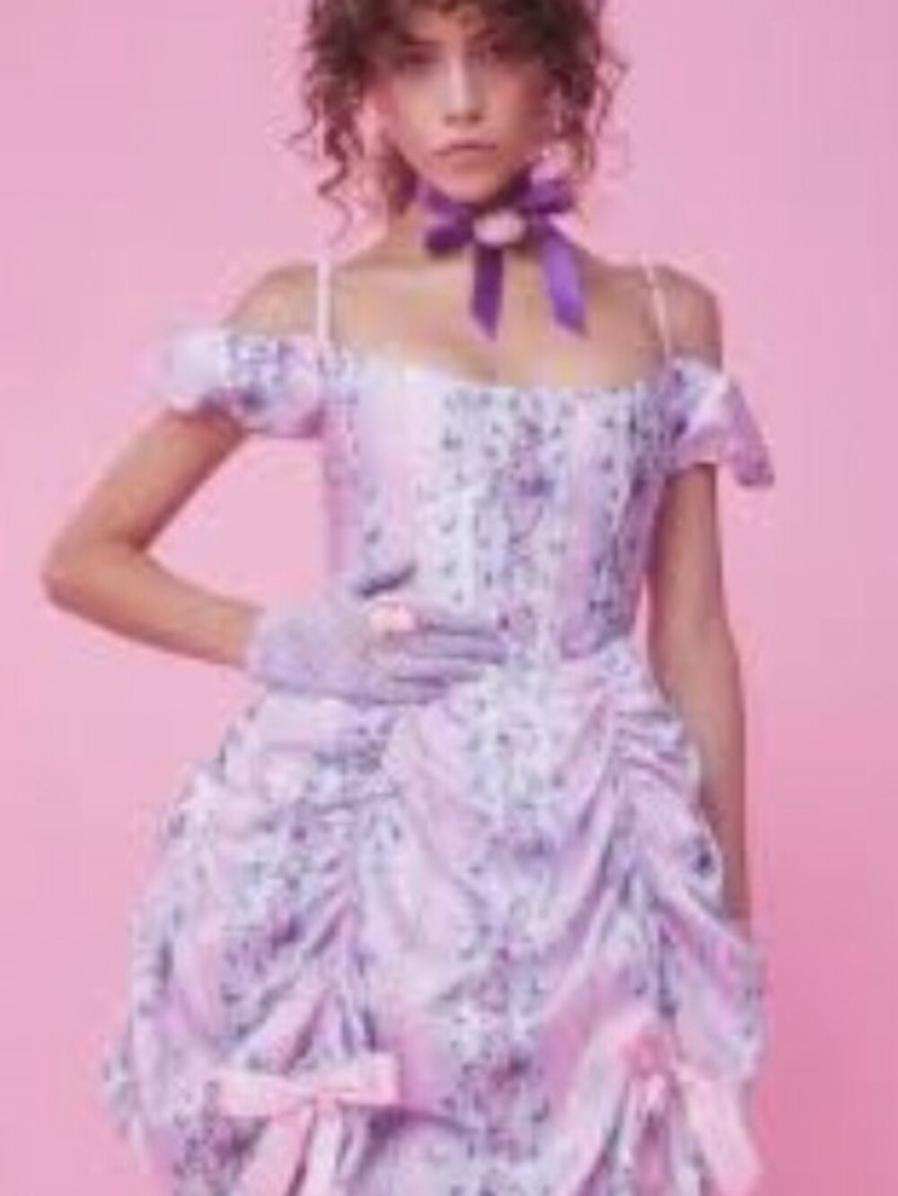 Dolls Kill Pastel Pink and Light Blue Floral Off-Shoulder Mini Dress
